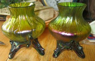 Vintage Quezal Art Glass Vases Irredescent Green Purple