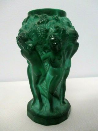 Vintage Ingrid Curt Schlevogt Czech Green Malachite Glass Art Deco Nude Vase 5 "