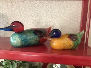 2 Murano Ducks Signed Glass