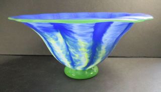 Signed Klein Large Hand Made Green,  Blue Centerpiece Bowl