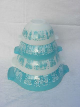 4 Vint Pyrex Turquoise & White Amish Butterprint Cinderella Nesting Mixing Bowls