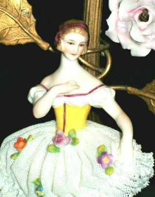 Antique German Dresden Lace Lady Ballerina Dancer Ormolu Porcelain Lamp Figurine