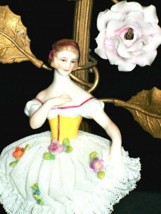 ANTIQUE GERMAN DRESDEN LACE LADY BALLERINA DANCER ORMOLU PORCELAIN LAMP FIGURINE 2
