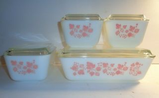 Pryex Pink Gooseberry Complete Refrigerator Dish Set.  4 Containers W/lids.  Vtg.