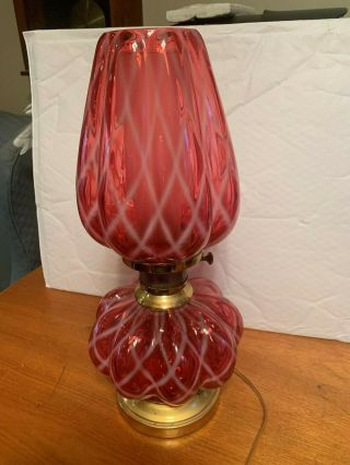 Fenton Diamond Optic Cranberry Opalescent Hurricane Lamp