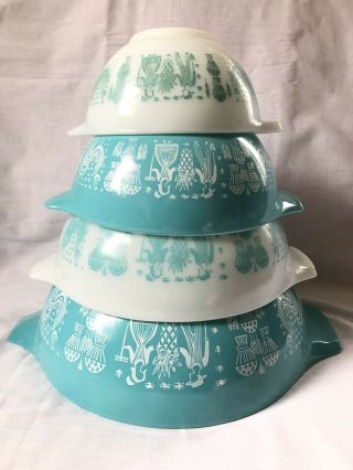 Vintage Pyrex Amish Butterprint Blue Cinderella Nesting Bowls 441 442 443 444