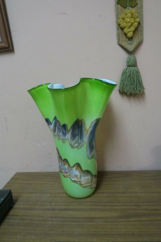 Large Vintage Art Glass Vase Ruffled Contemporary Swirled Multi Color Green 15 "