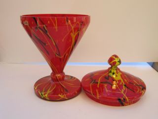 Large Old Czechoslovakia Confetti Over Red Cased Art Glass Candy Dish With Lid 2