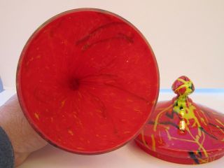 Large Old Czechoslovakia Confetti Over Red Cased Art Glass Candy Dish With Lid 3