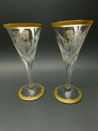 Moser Art Nouveu Cut Engraved Iris Wine Goblets Glasses
