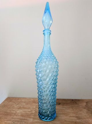 Vintage Rossini Empoli Blue Glass Genie Bottle Decanter Diamond Pattern 21 "