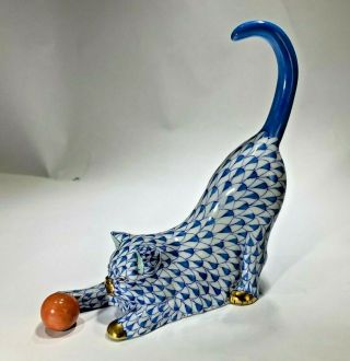 Herend Cat With Ball Figurine Blue Fish Net Porcelain Hand Paint/gold Accents
