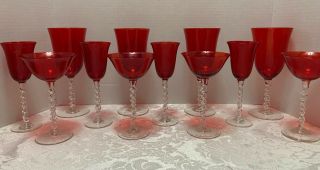 12 Vintage Ruby Red Glasses Twisted Clear Stems 4 Water Wine/4cordial/4cocktail