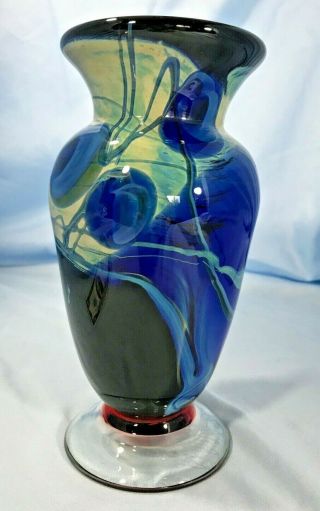 Signed Paul Allen Counts Art Glass Footed Vase Blue Swirls 9 " H