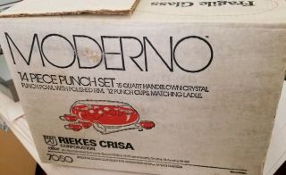 1978 Riekes Crisa Moderno 14 Pc Handblown Crystal Punch Bowl Set Laddle 7050 Mib
