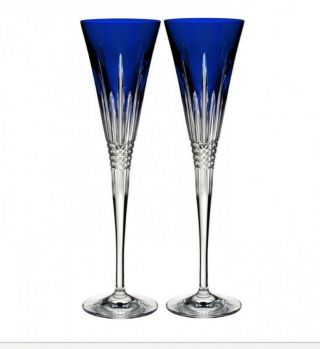 Waterford Lismore Diamond Cobalt Blue Champagne Toasting Flute Pair