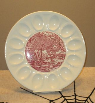 Royal China Currier And Ives 10 " Ceramic Deviled Eggplate Pink Or Red Egg Plate