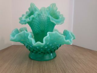 Vintage Emerald Green Fenton Hobnail Glass Art Flower Horn Vase/bowl Epergne