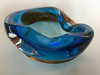 Murano Mid Century Blue Amber Heavy Art Glass W/ Applied Tadpole Ashtray Bowl