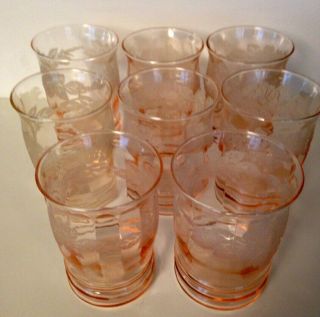 8 Pink Dogwood Depression Glass Decorated 4” Tumbler,  Macbeth - Evans Glass Co.