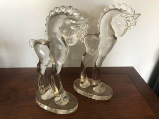 11.  5” Tall Paden City (?) Clear Glass Two 2 Standing Horse Pony Pair