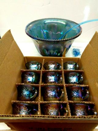 Vintage 26 Piece Indiana Blue Grape Leaf Carnival Glass Punch Bowl Set.  Nib