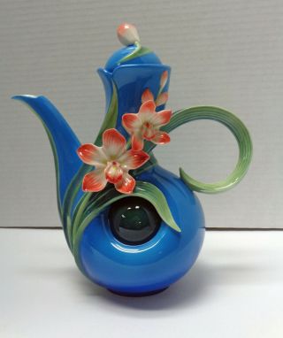 Franz Porcelain 8½” Tall Sculpted Blue Teapot W/ Coral Flowers Fz02961 Euc