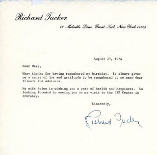 S860.  Richard Tucker Autographed Signed Typed Letter On Personal Stationary Dat