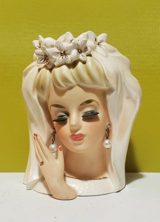 Vintage Bride Lady Head Vase Wreath Clover Mark Japan