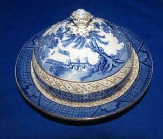 Booths Real Old Willow Blue Willow 2 Pc Cheese / Butter Dish 9072 All Gold Trim