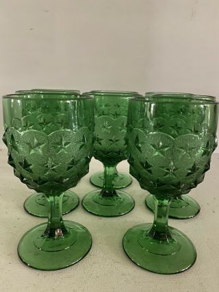 Set Of 8 L.  G.  Wright Green Pressed Glass Stippled Star Goblets