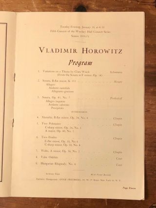 Concert Program Pianist Vladimir Horowitz Recital Yale University 1951