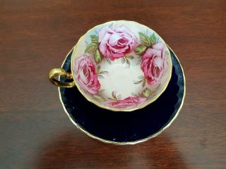 Aynsley Cobalt Blue Oban Shape Pink Roses Teacup And Saucer