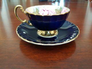 Aynsley Cobalt blue Oban Shape Pink Roses Teacup And Saucer 2