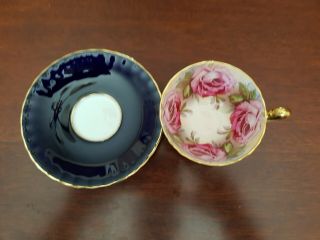 Aynsley Cobalt blue Oban Shape Pink Roses Teacup And Saucer 4