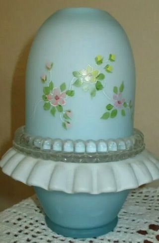 Vintage Fenton Art Glass Blue Overlay Fairy Lamp Light (westmoreland?) 4 Pc.