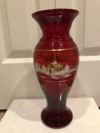 Rare Fenton Qvc Hand Painted Winter Church Scene Ruby Christmas Vase Le 90/100
