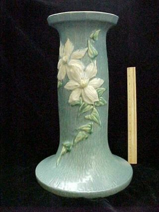 Vintage Roseville Pottery White Clematis On Blue Pedestal Jardiniere Stand 17 "