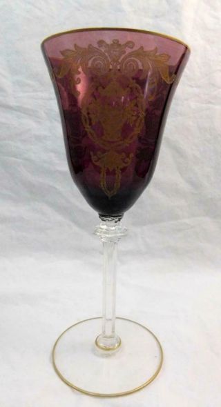 Maryland Glass Co Amethyst And Gold Encrusted Basket Etch Goblet Very Good Cond