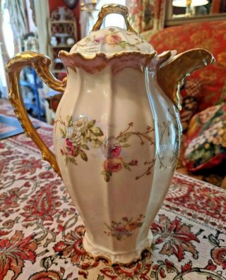 Antique Coiffe Limoges Porcelain Chocolate Pot Roses Heavy Brushed Gold Trimming