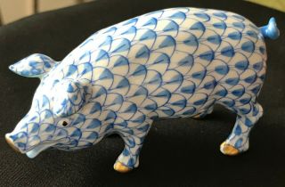 Blue Fishnet Herend Porcelain Pig With 24k Gold - Flawless From Hungary