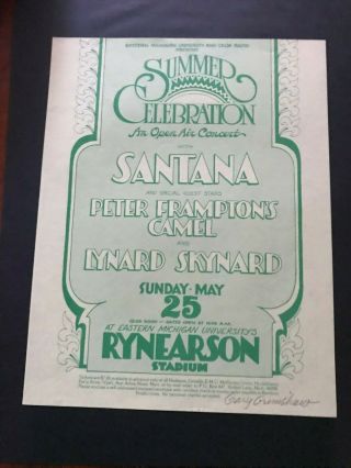 1975 Santana Frampton Lynyrd Skynyrd Poster Hb Signed Gary Grimshaw Michigan Nm