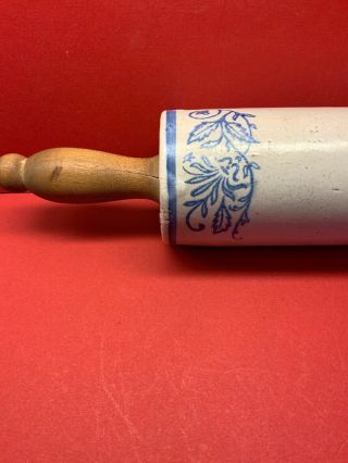 Antique Salt Glaze Stoneware Rolling Pin Blue Decorated Wildflower Crock Pottery 2