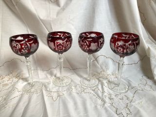 Bohemian Crystal Cut To Clear Ruby Red Marsala Hock Wine Glass Goblet Set 4