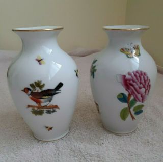 2 Vintage Bone China Herend Hand Painted Bird Butterflies Insect Floral Vases 6 "
