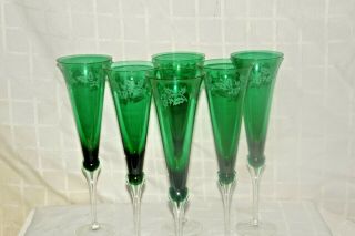 Set 6 Lenox Holiday Gems Emerald Green Flutes Etched Holly 11 " Tall