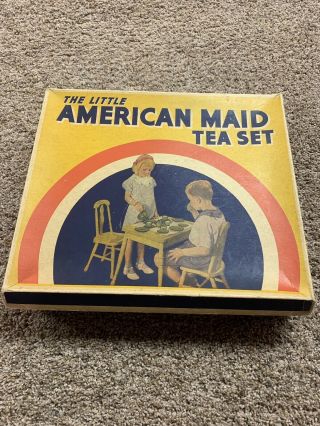 Vintage The Little American Maid Tea Set Boxed Set,  Akro Agate Co,  32pc