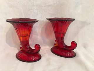 Vintage Fenton Ruby Red/amberina Glass Cornucopia Candlestick Holders - Pair - Rare