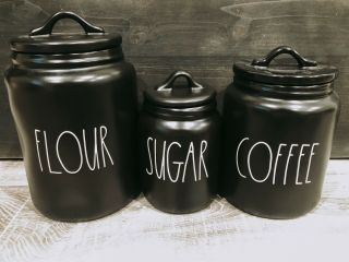Rae Dunn Coffee,  Flour & Sugar Black Canister Set Of 3 Ll Htf By Magenta