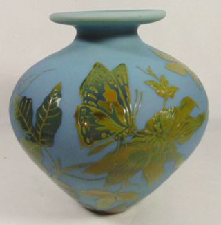 Vintage Signed Russian Ryszard Ramski Blue Cameo Art Glass Vase Butterfly